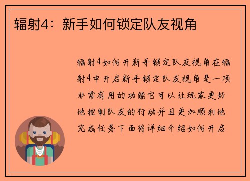辐射4：新手如何锁定队友视角
